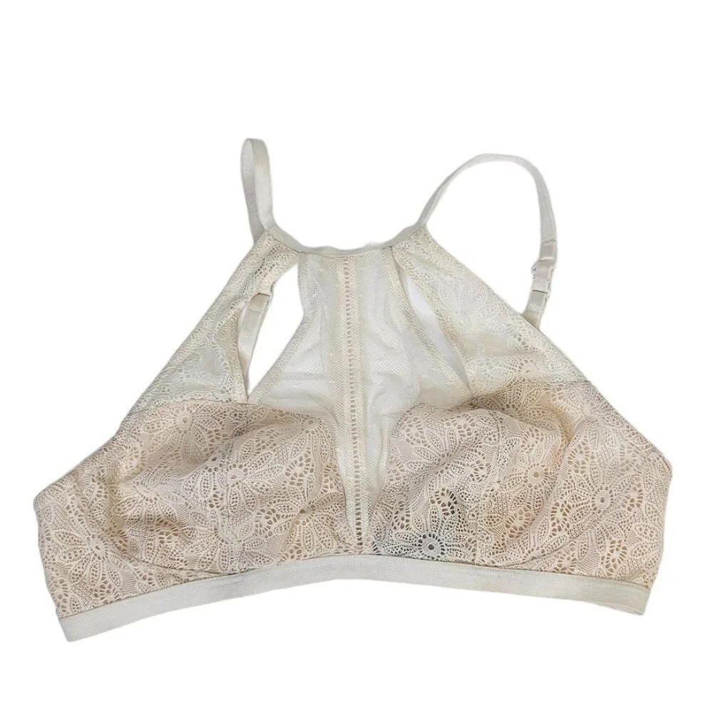 Victoria's Secret High Neck  Lace Bralette Size Large Ivory Nude